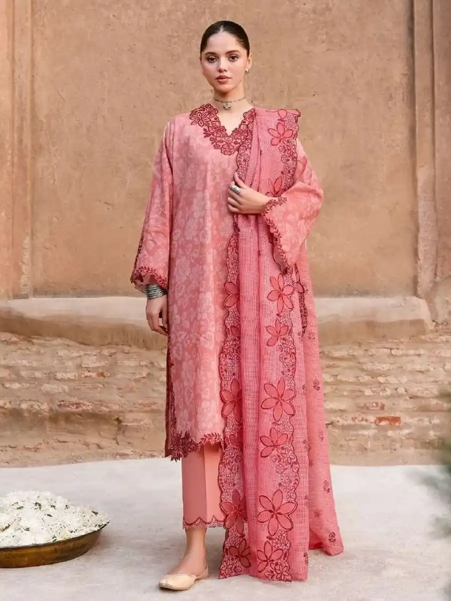 16D CROSS STITCH UNSTITCHED PREMIUM LAWN COLLECTION DESIGN 16 PEACH ATELIER - Image 1