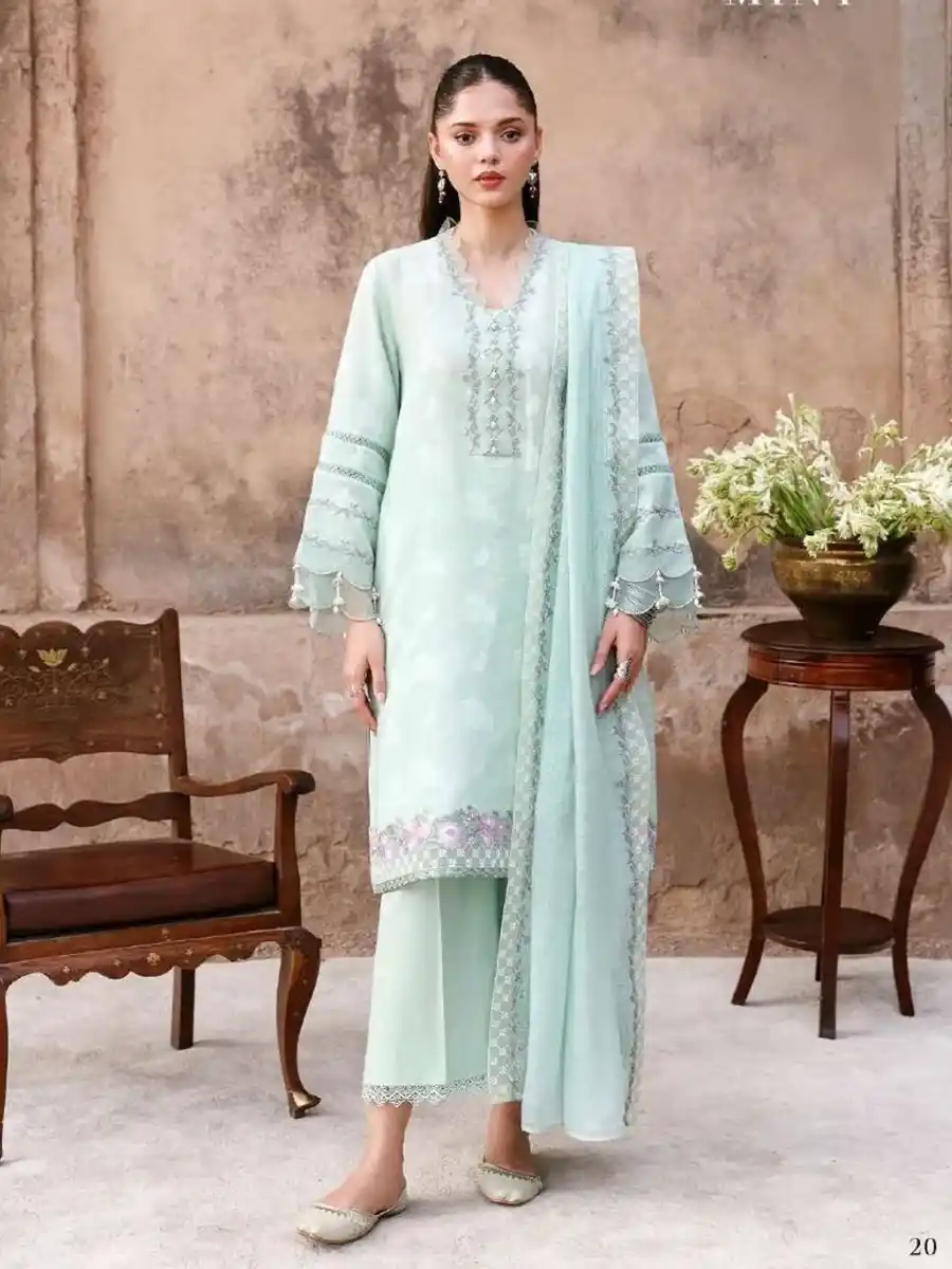 25D CROSS STITCH UNSTITCHED PREMIUM LAWN COLLECTION DESIGN 25 MISTY MINT - Image 1