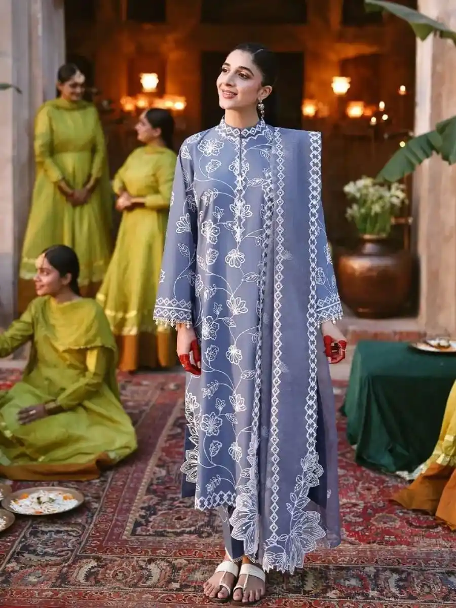 3D CROSS STITCH UNSTITCHED PREMIUM LAWN COLLECTION DESIGN 3 ETHNIC BLUE - Image 1